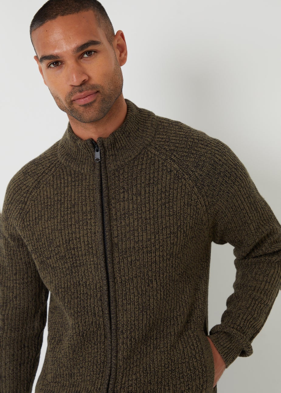 Threadbare Khaki Zip Through Funnel Neck Cardigan