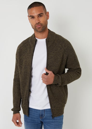 Threadbare Khaki Zip Through Funnel Neck Cardigan