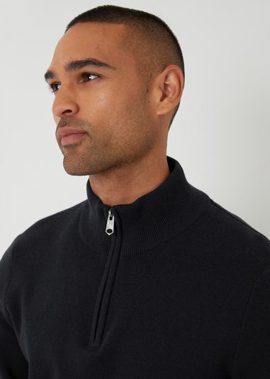 Threadbare Black Cotton Blend Knitted Quarter Zip Jumper