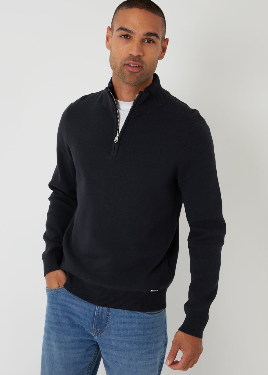 Threadbare Black Cotton Blend Knitted Quarter Zip Jumper