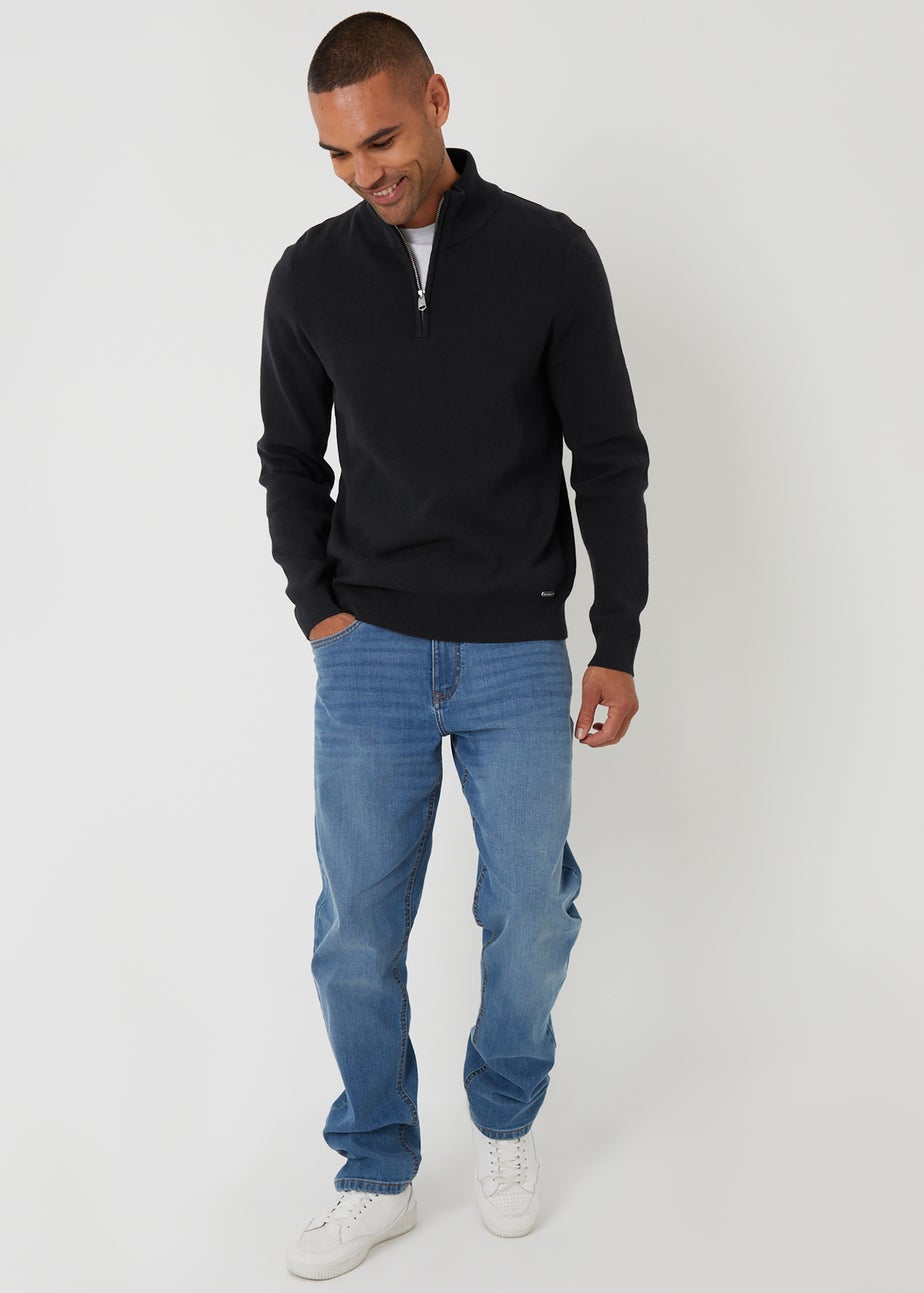 Threadbare Black Cotton Blend Knitted Quarter Zip Jumper