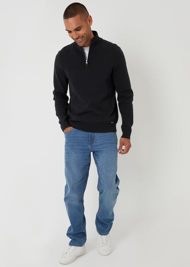 Threadbare Black Cotton Blend Knitted Quarter Zip Jumper