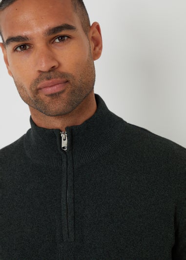 Threadbare Khaki Cotton Blend Knitted Quarter Zip Jumper