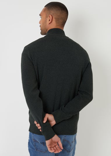Threadbare Khaki Cotton Blend Knitted Quarter Zip Jumper