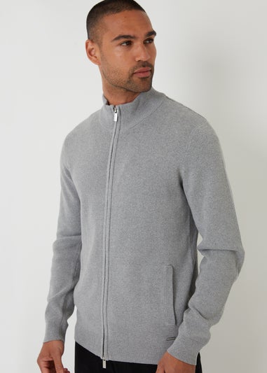 Threadbare Grey Cotton Blend Zip Up Funnel Neck Cardigan