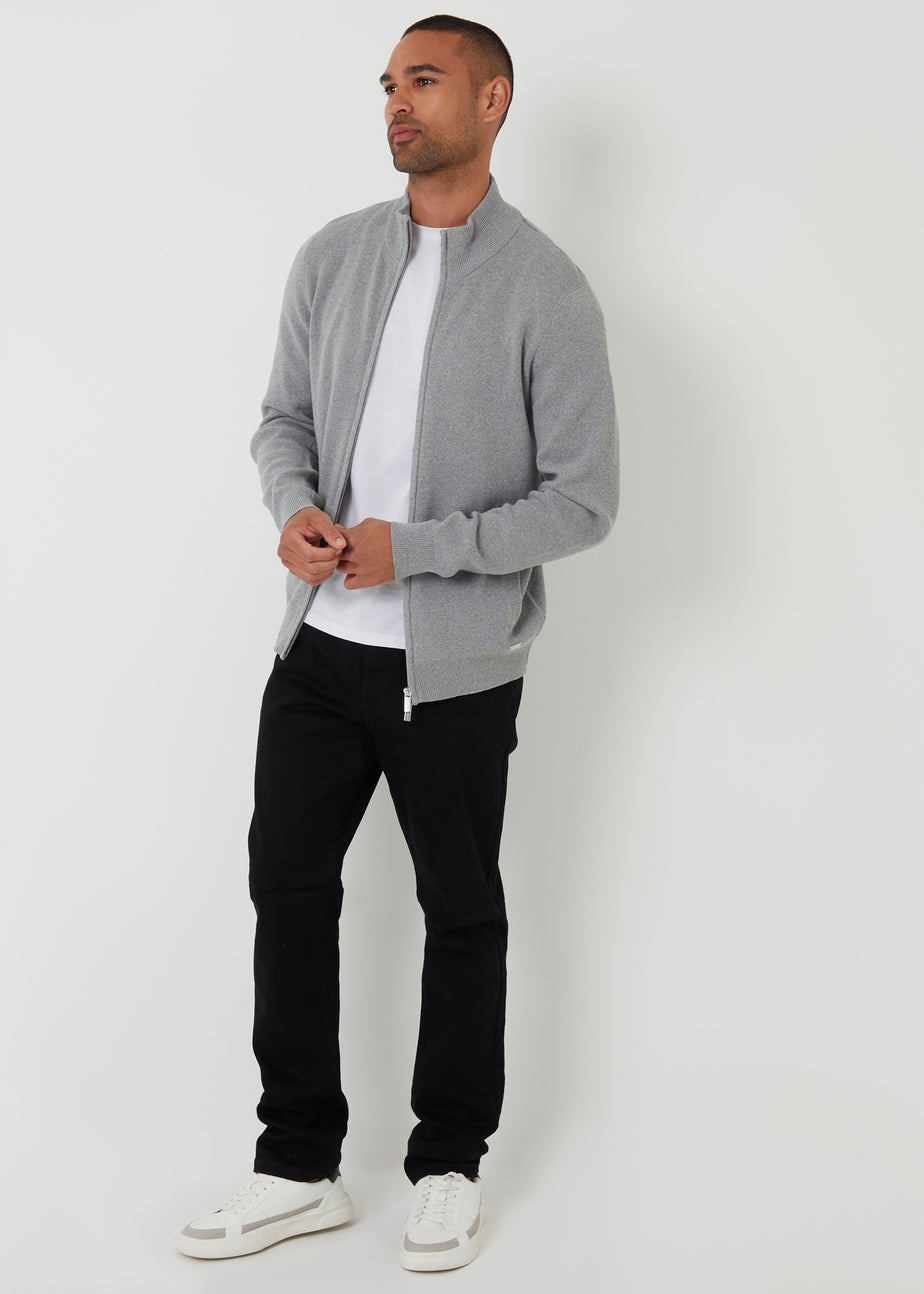 Threadbare Grey Cotton Blend Zip Up Funnel Neck Cardigan