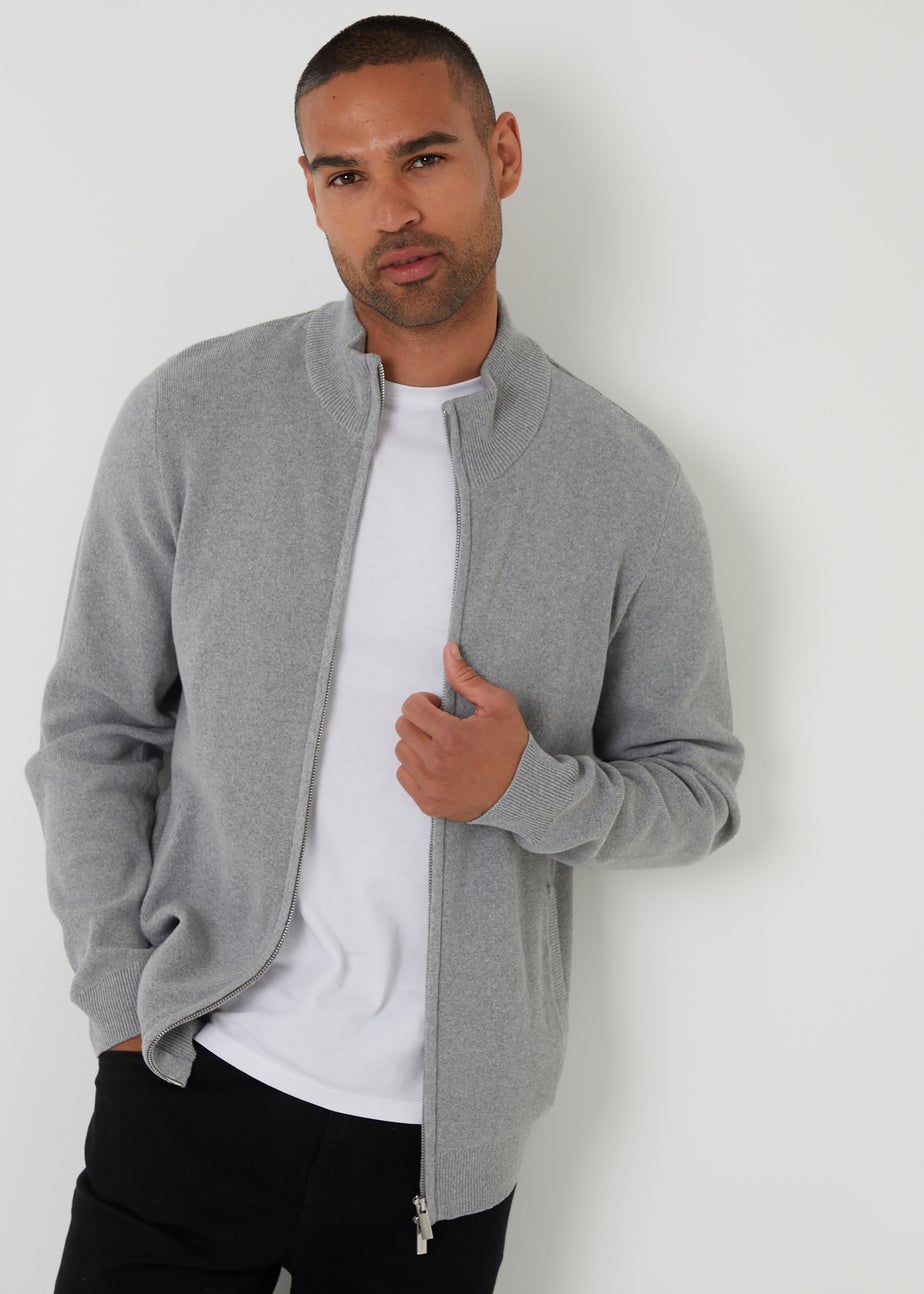 Threadbare Grey Cotton Blend Zip Up Funnel Neck Cardigan