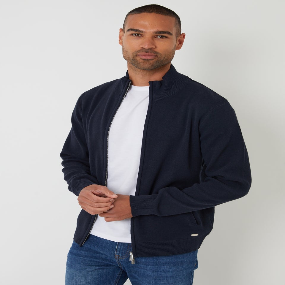 Threadbare Navy Cotton Blend Zip Up Funnel Neck Cardigan