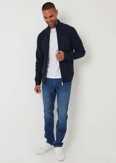 Threadbare Navy Cotton Blend Zip Up Funnel Neck Cardigan