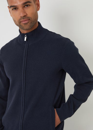 Threadbare Navy Cotton Blend Zip Up Funnel Neck Cardigan