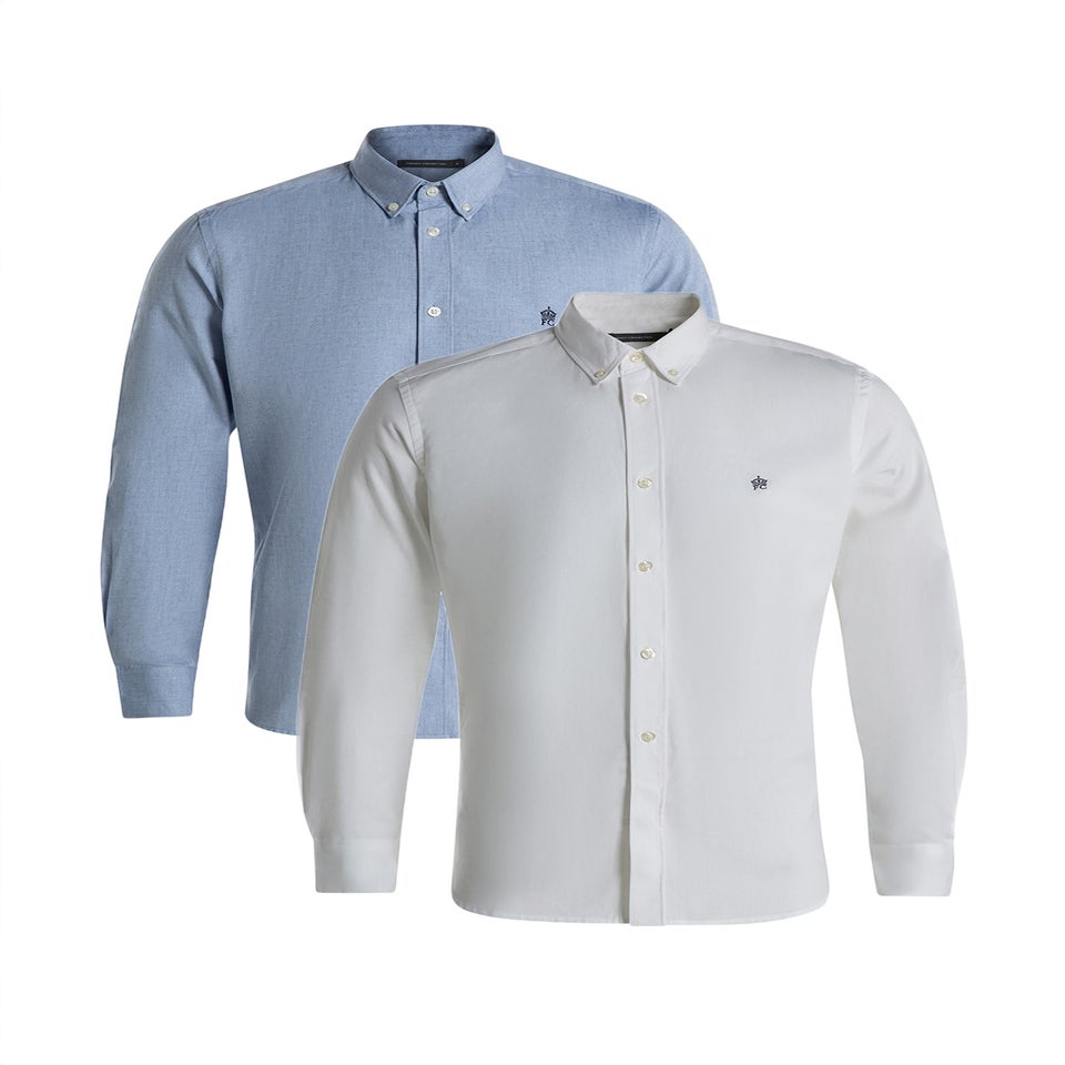 French Connection White Cotton Long Sleeve Oxford Shirt 2 Pack