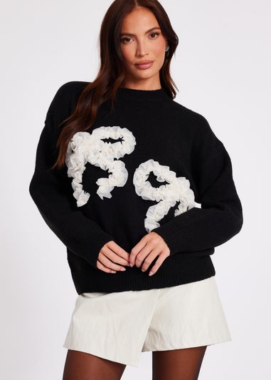 Quiz Black Ruffle Bow Jumper