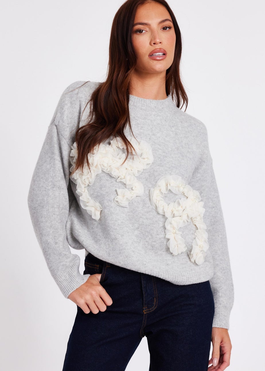 Quiz Grey Ruffle Bow Jumper