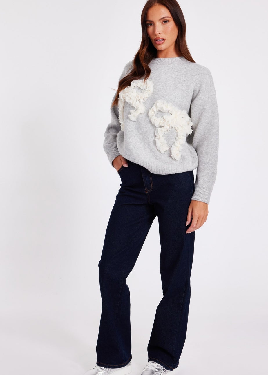 Quiz Grey Ruffle Bow Jumper