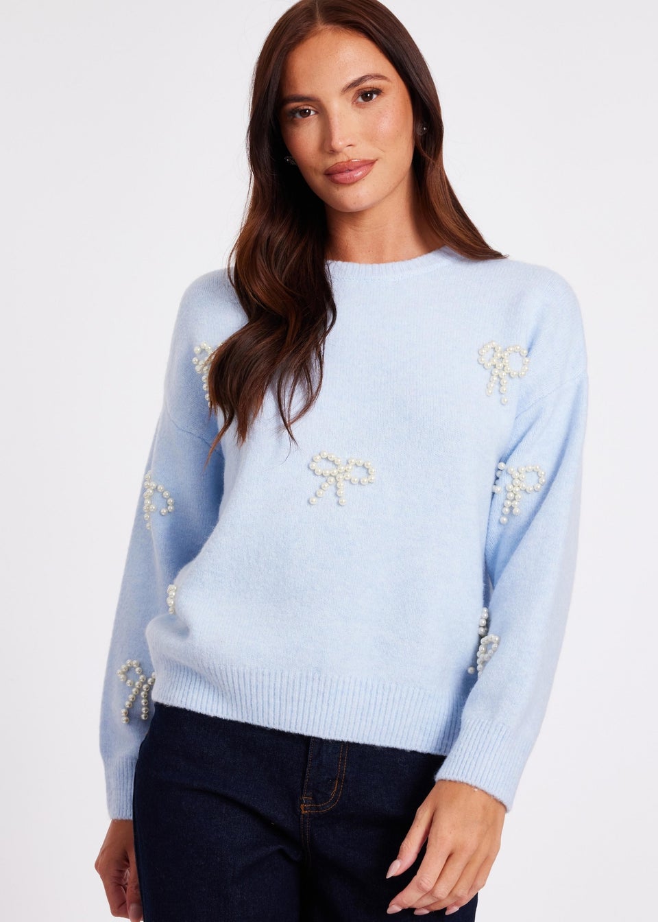 Quiz Blue Knitted Pearl Bow Jumper