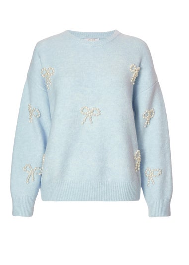 Quiz Blue Knitted Pearl Bow Jumper