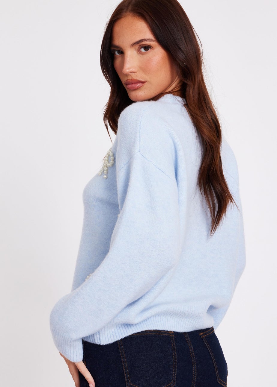 Quiz Blue Knitted Pearl Bow Jumper