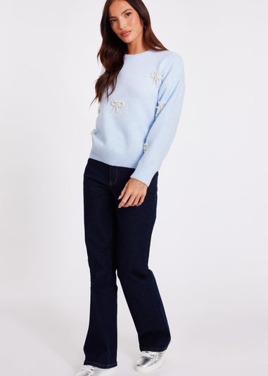 Quiz Blue Knitted Pearl Bow Jumper