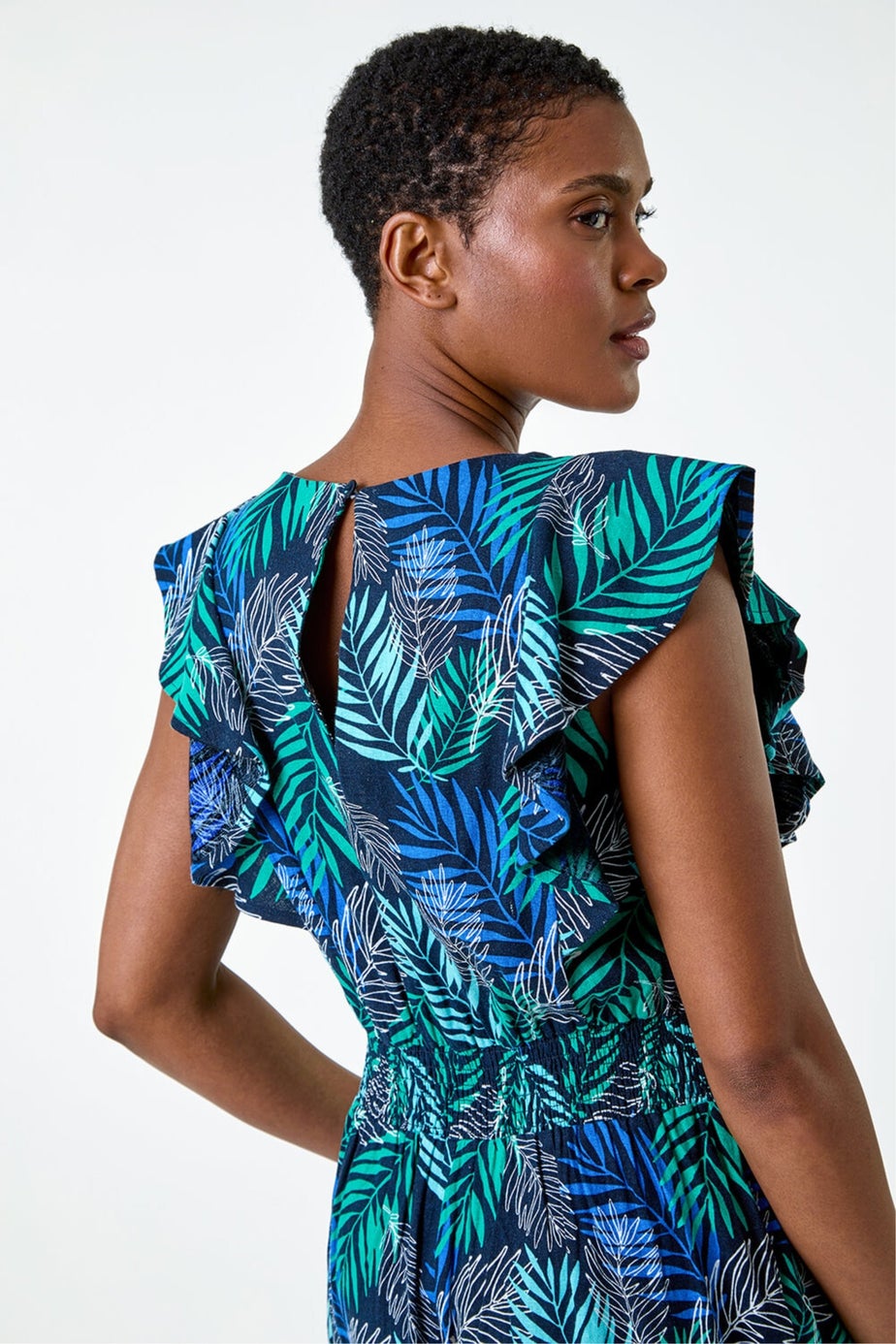 Roman Blue Tropical Leaf Print Playsuit