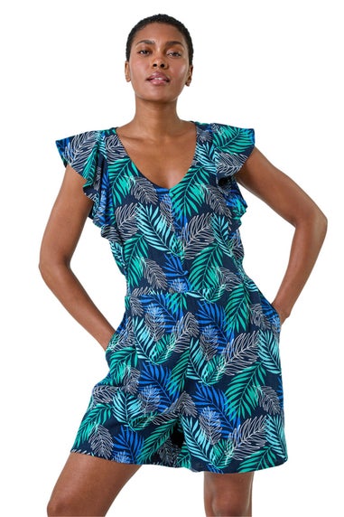 Roman Blue Tropical Leaf Print Playsuit