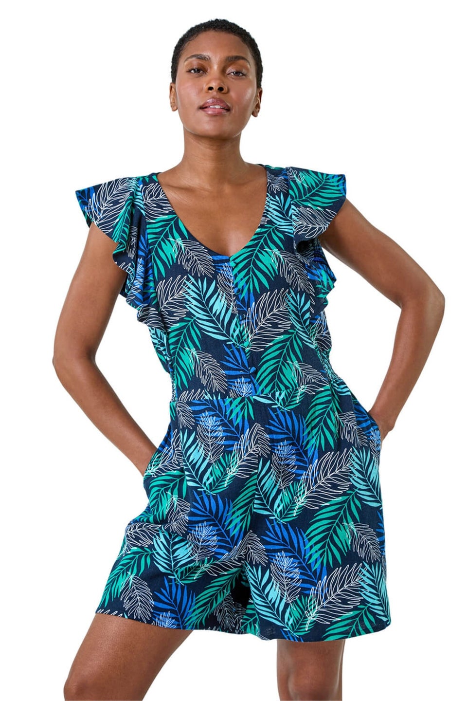 Roman Blue Tropical Leaf Print Playsuit