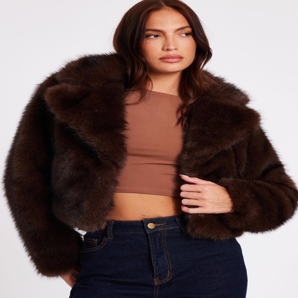Quiz Brown Faux Fur Cropped Jacket