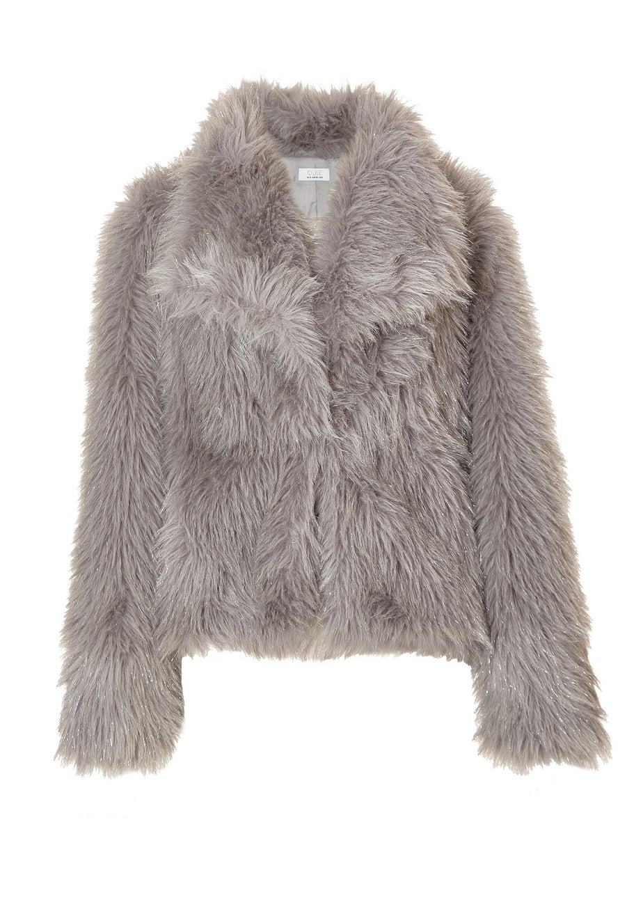Quiz Grey Faux Fur Cropped Jacket
