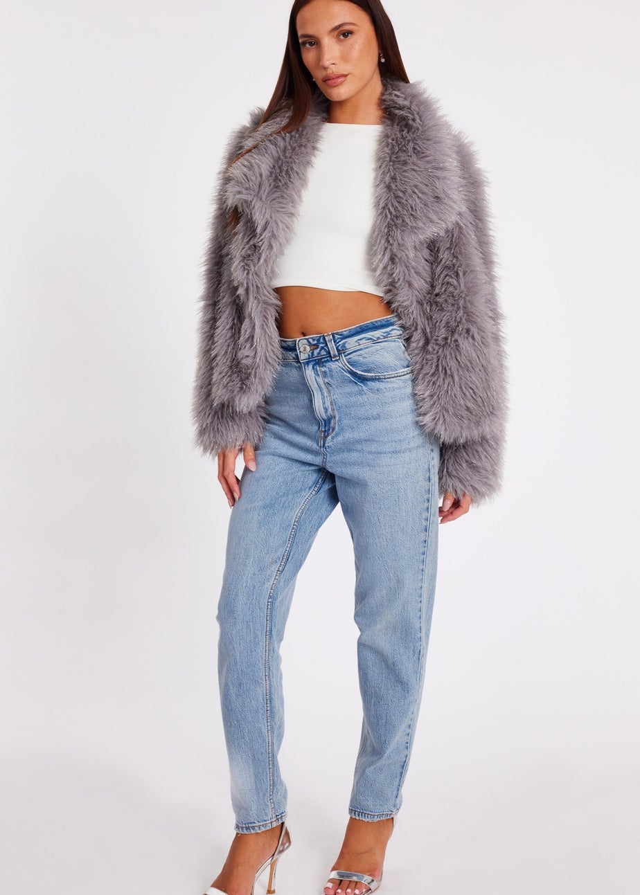 Quiz Grey Faux Fur Cropped Jacket