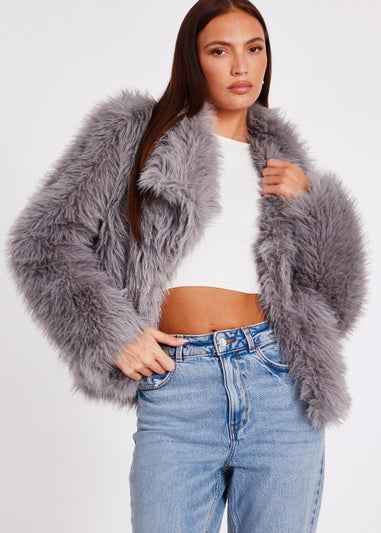 Quiz Grey Faux Fur Cropped Jacket
