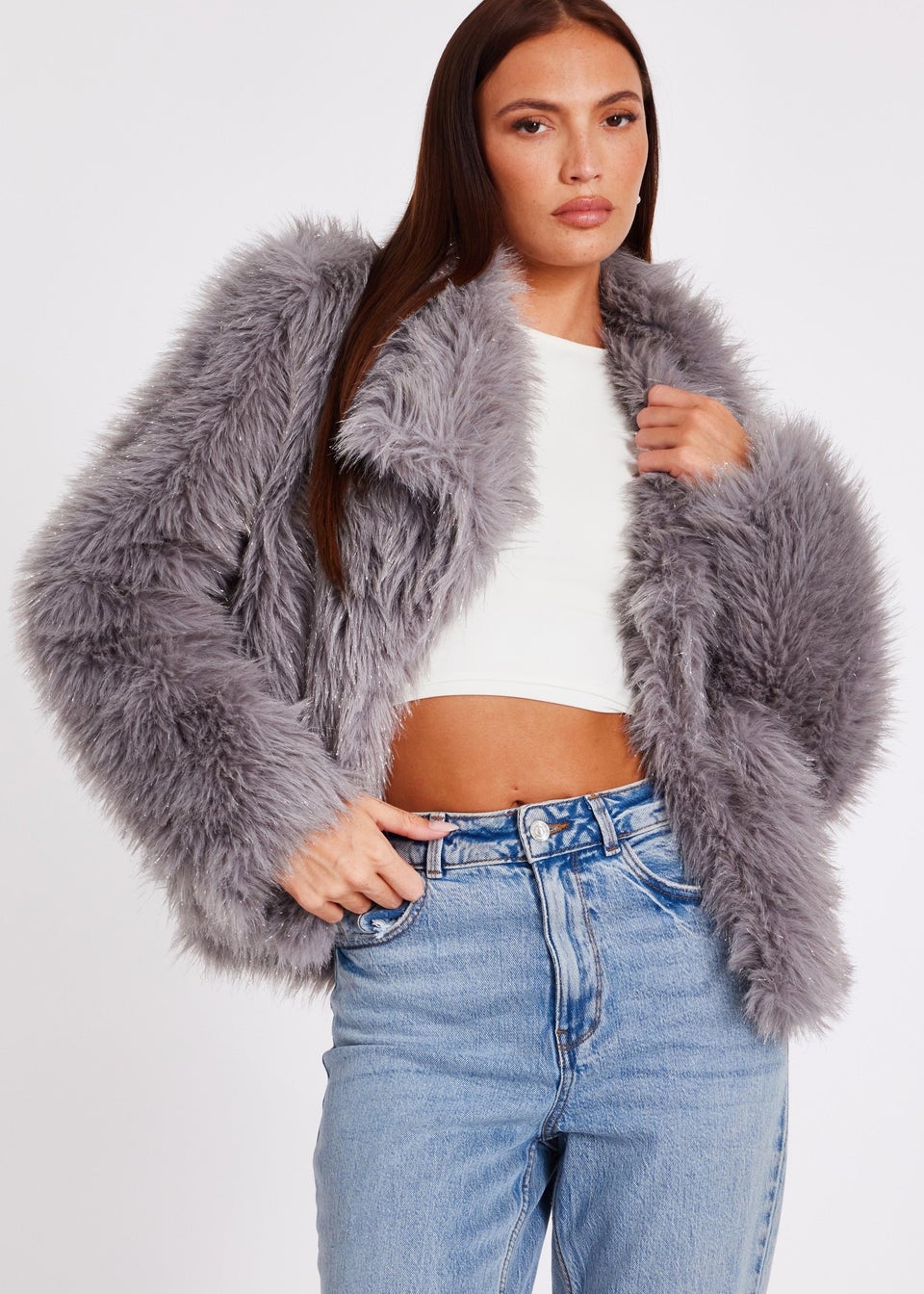 Quiz Grey Faux Fur Cropped Jacket