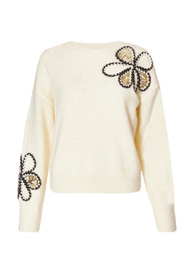 Quiz Cream Knitted Floral Jumper