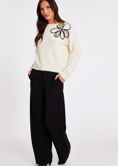 Quiz Cream Knitted Floral Jumper