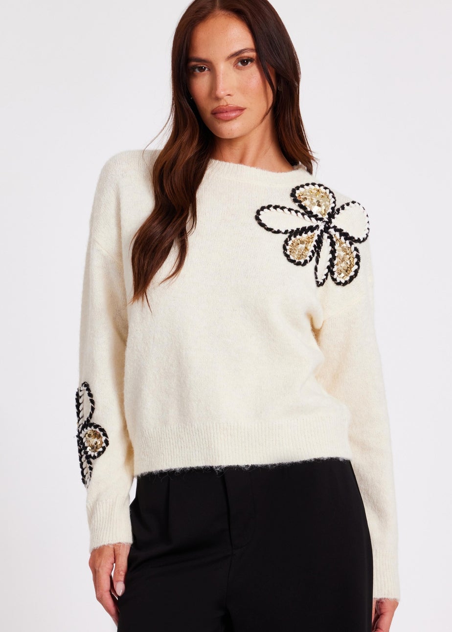 Quiz Cream Knitted Floral Jumper