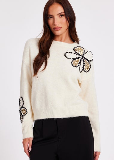 Quiz Cream Knitted Floral Jumper