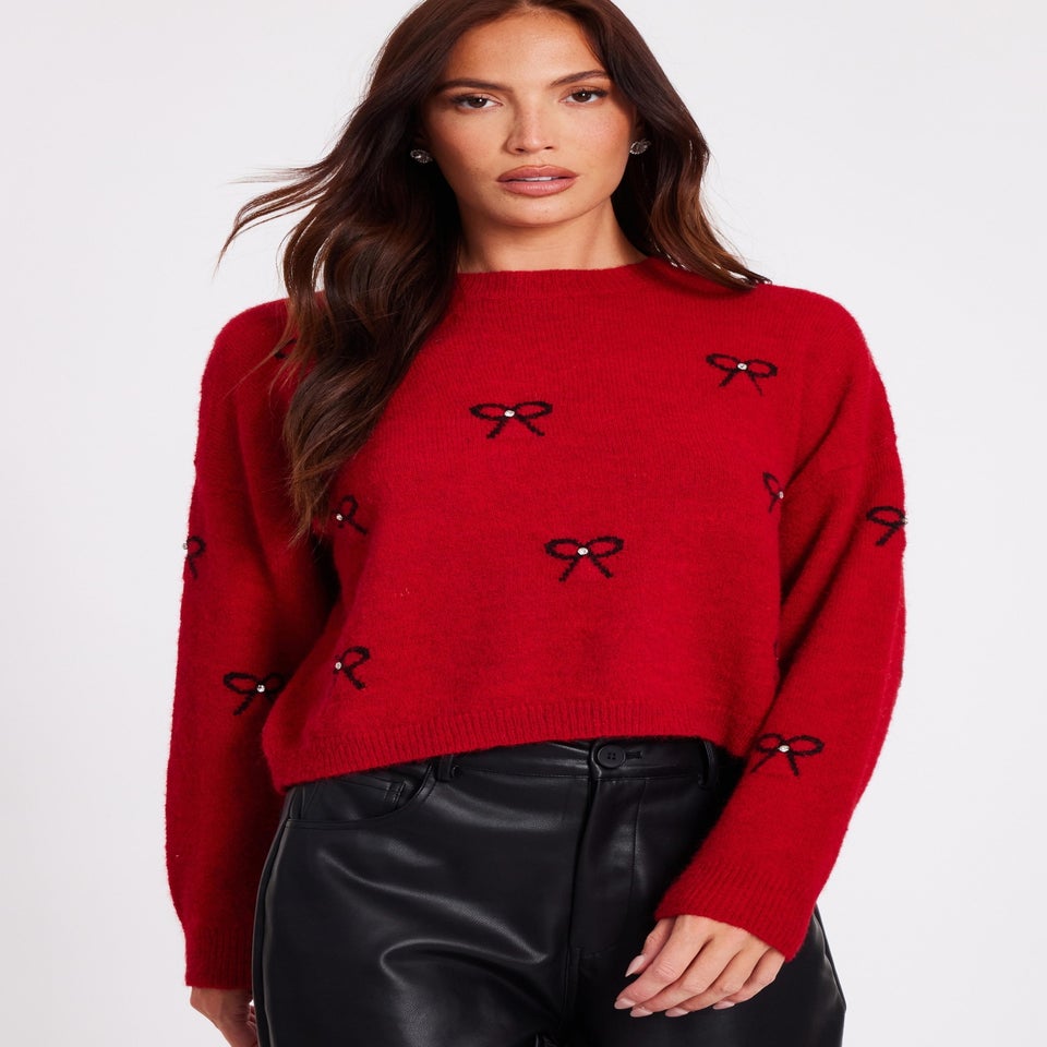 Quiz Red Knitted Bow Jumper