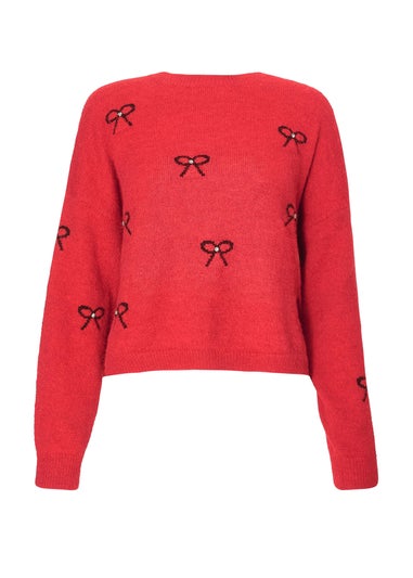 Quiz Red Knitted Bow Jumper