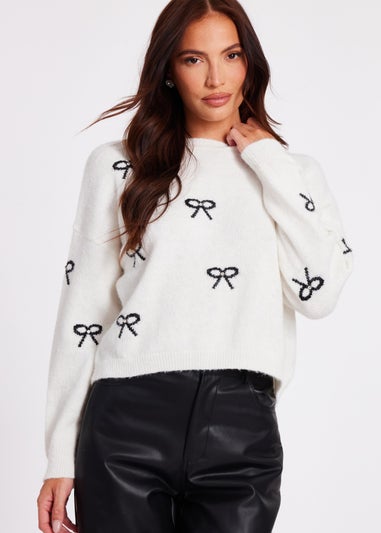 Quiz Cream Knitted Bow Jumper
