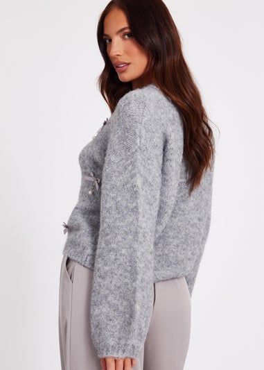 Quiz Grey Knitted Pearl Bow Jumper