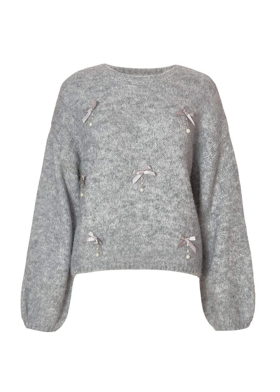 Quiz Grey Knitted Pearl Bow Jumper