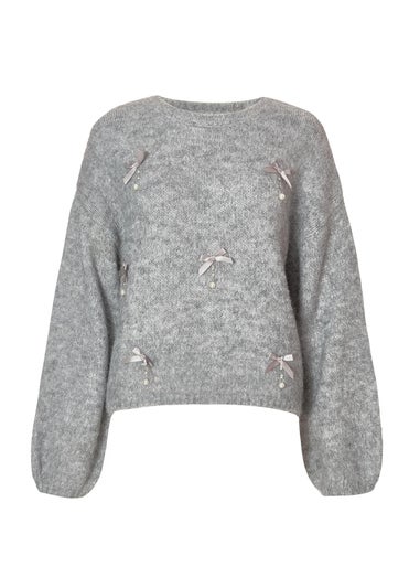 Quiz Grey Knitted Pearl Bow Jumper