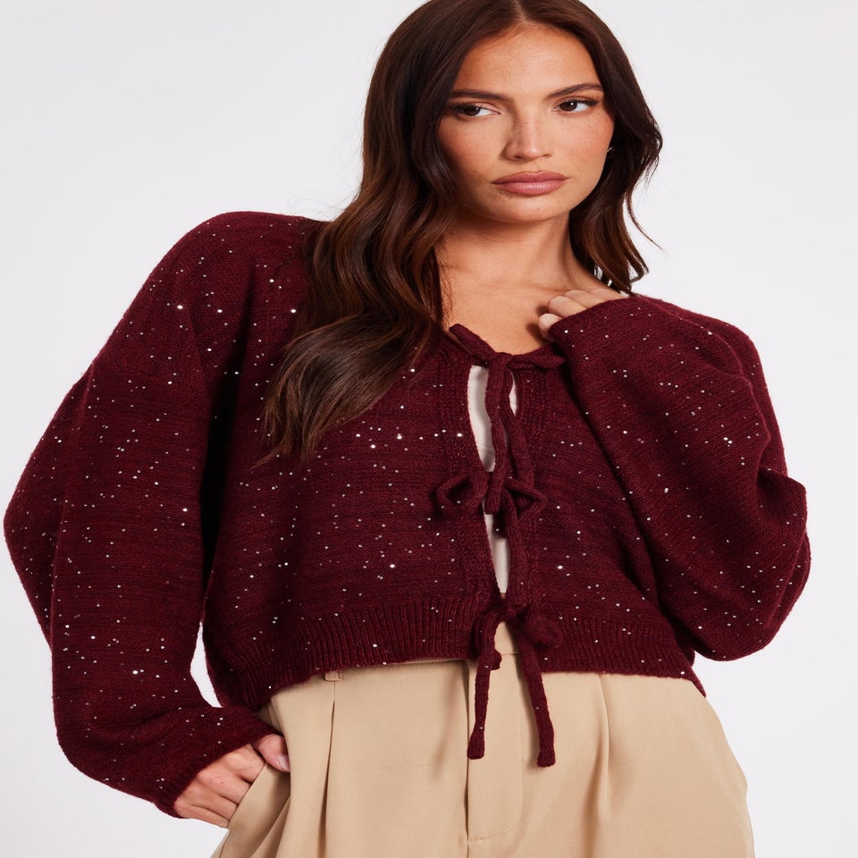 Quiz Burgundy Sequin Tie Front Cardigan