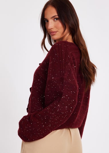 Quiz Burgundy Sequin Tie Front Cardigan