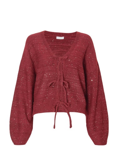 Quiz Burgundy Sequin Tie Front Cardigan