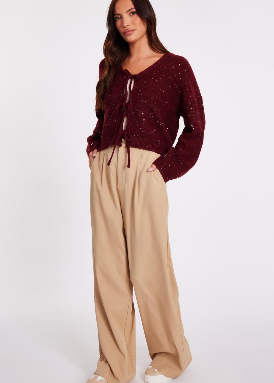 Quiz Burgundy Sequin Tie Front Cardigan
