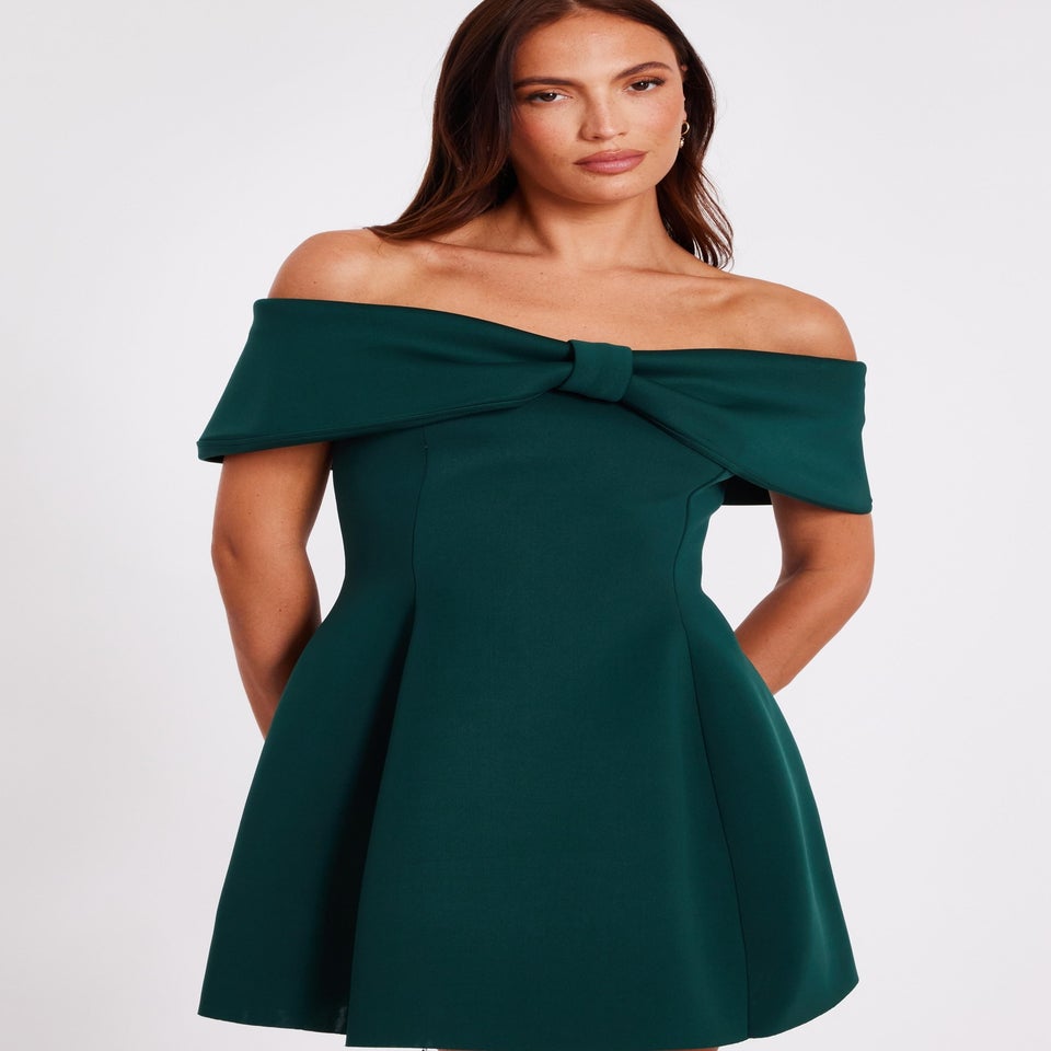 Quiz Green Bardot Bow Skater Dress