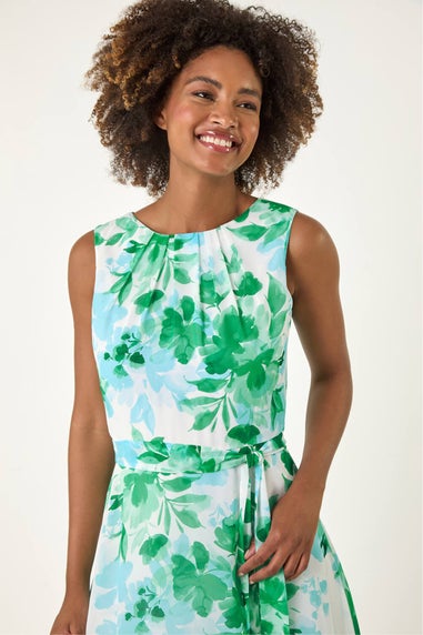 Roman Green Floral Pleated Neck Midi Dress