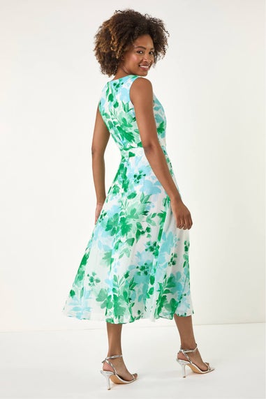 Roman Green Floral Pleated Neck Midi Dress