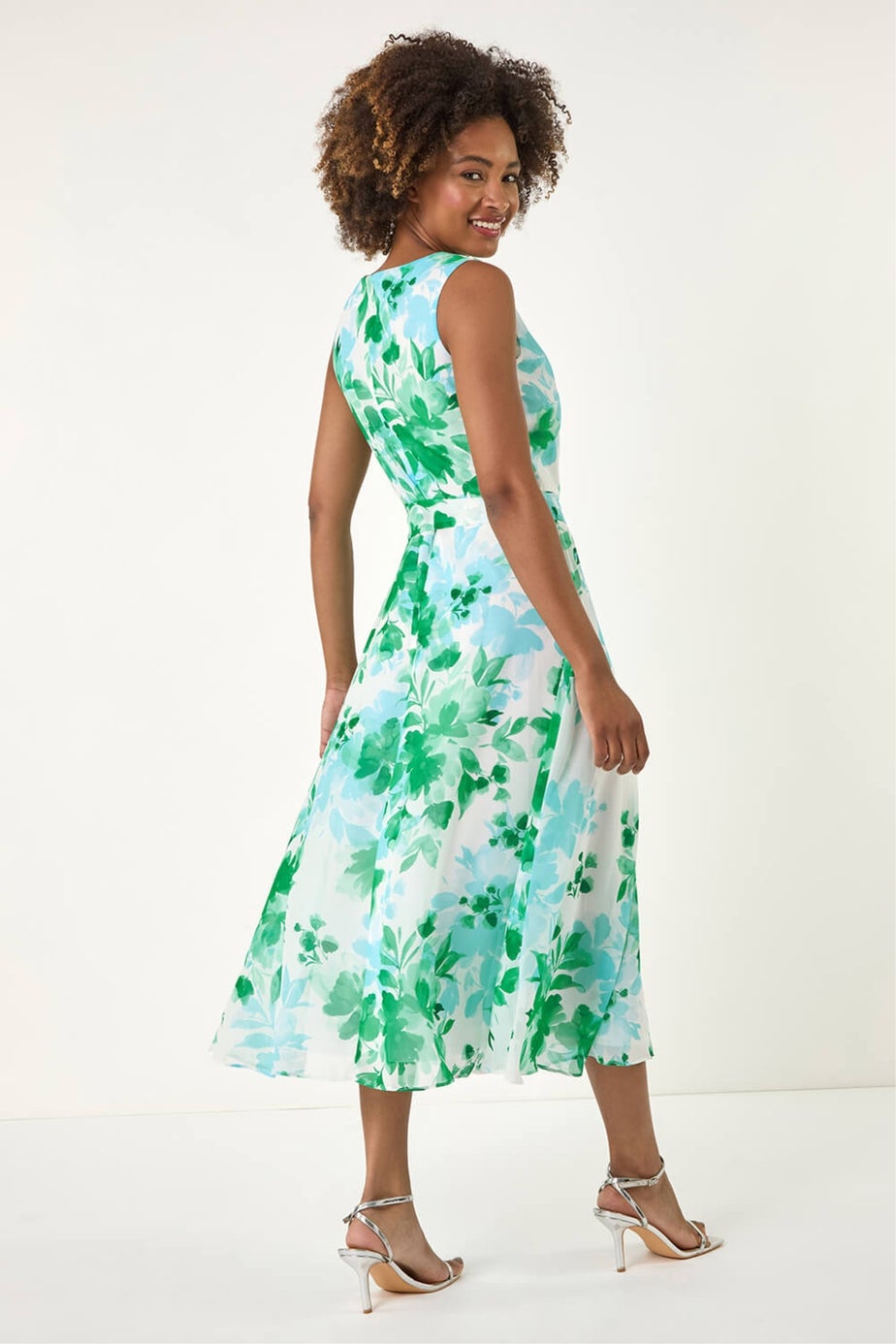 Roman Green Floral Pleated Neck Midi Dress
