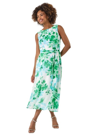 Roman Green Floral Pleated Neck Midi Dress