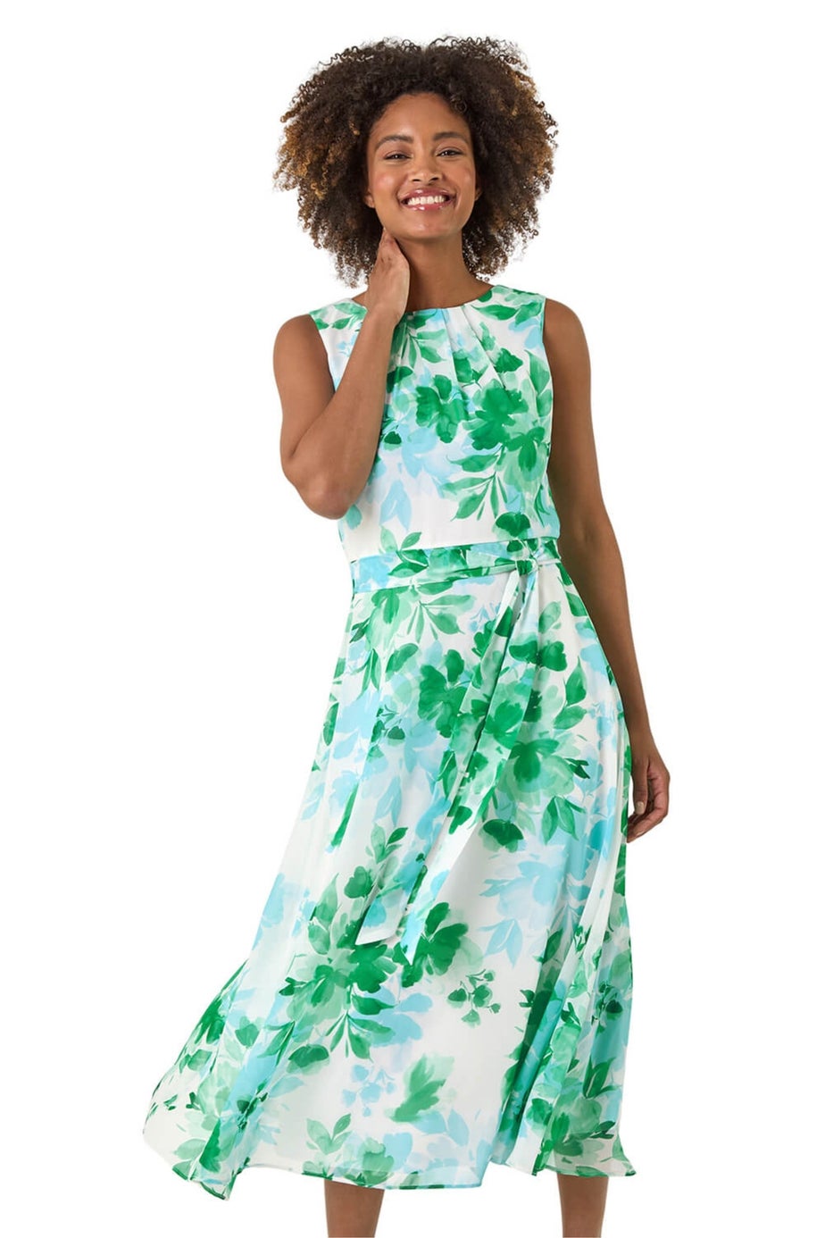 Roman Green Floral Pleated Neck Midi Dress